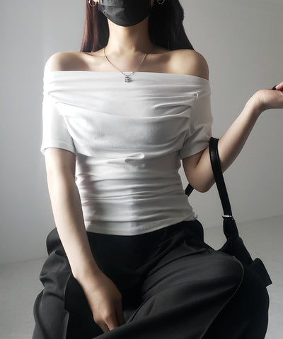 【 ３color 】半袖タックデザインドレープオフショルダートップス