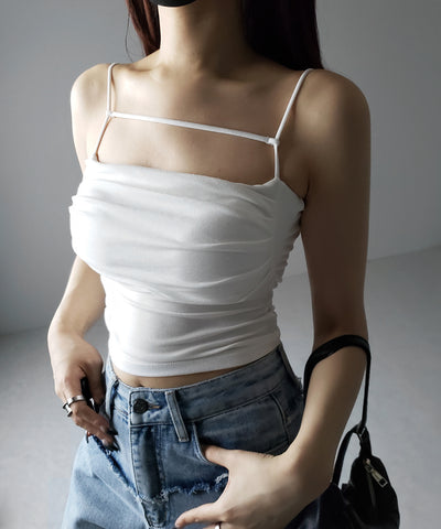 【 カップ付き／２WAY 】ラインストラップタックショートキャミソール ／ line strap tuck short camisole