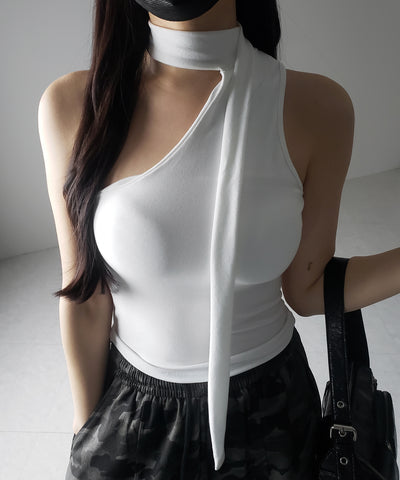 【 ３color ／ カップ付 】チョーカータイアシンメトリーワンショルキャミソール ／ choker tie asymmetry one-shoulder camisole