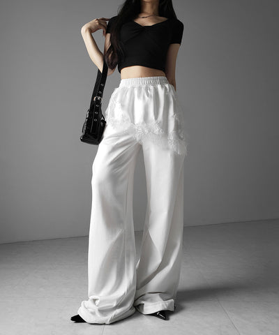 レースドッキングレイヤードスウェットワイドパンツ ／ lace docking layered sweat wide pants