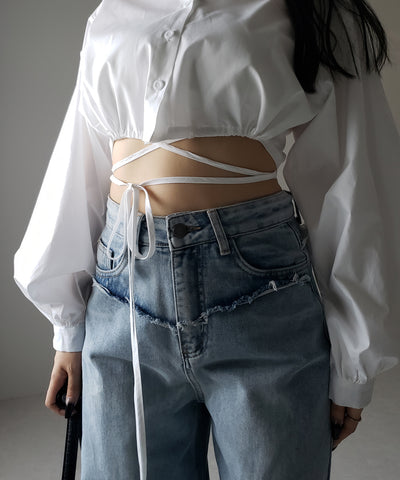 【 ２color 】クロスストラップリボンショートシャツ ／ cross strap ribbon short shirts