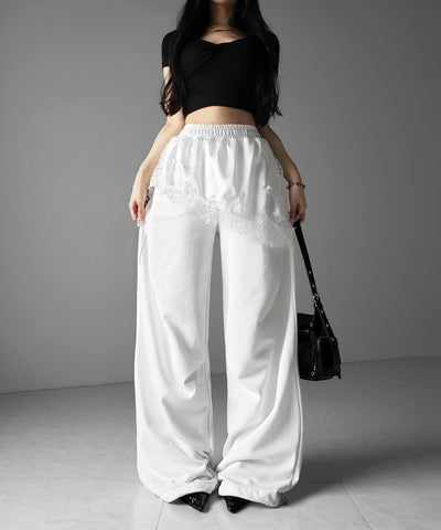 レースドッキングレイヤードスウェットワイドパンツ ／ lace docking layered sweat wide pants