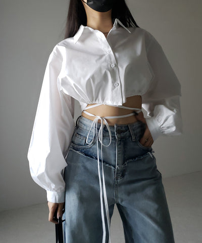 【 ２color 】クロスストラップリボンショートシャツ ／ cross strap ribbon short shirts