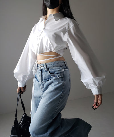 【 ２color 】クロスストラップリボンショートシャツ ／ cross strap ribbon short shirts