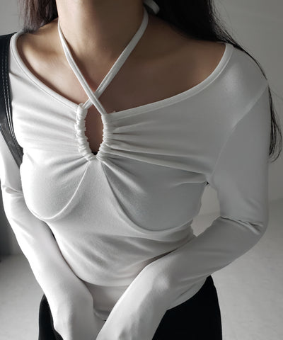 【 ３WAY 】クロスストラップリボンギャザーカットソートップス ／ cross strap ribbon gather cutsew tops