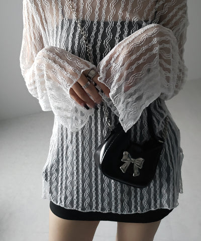 【 ２WAY 】ワンショルワイドスリーブルーズシアートップス ／ one shoulder wide sleeve loose sheer tops