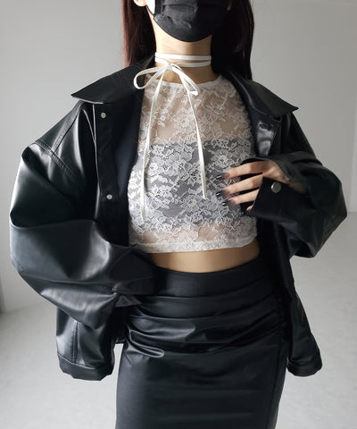 【 ２color 】ストラップリボンショートレーストップス ／ strap ribbon short lace tops