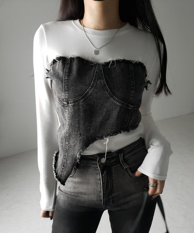 【 ２color 】ダメージデニムビスチェドッキングＴシャツ ／ damage denim bustier docking Tee