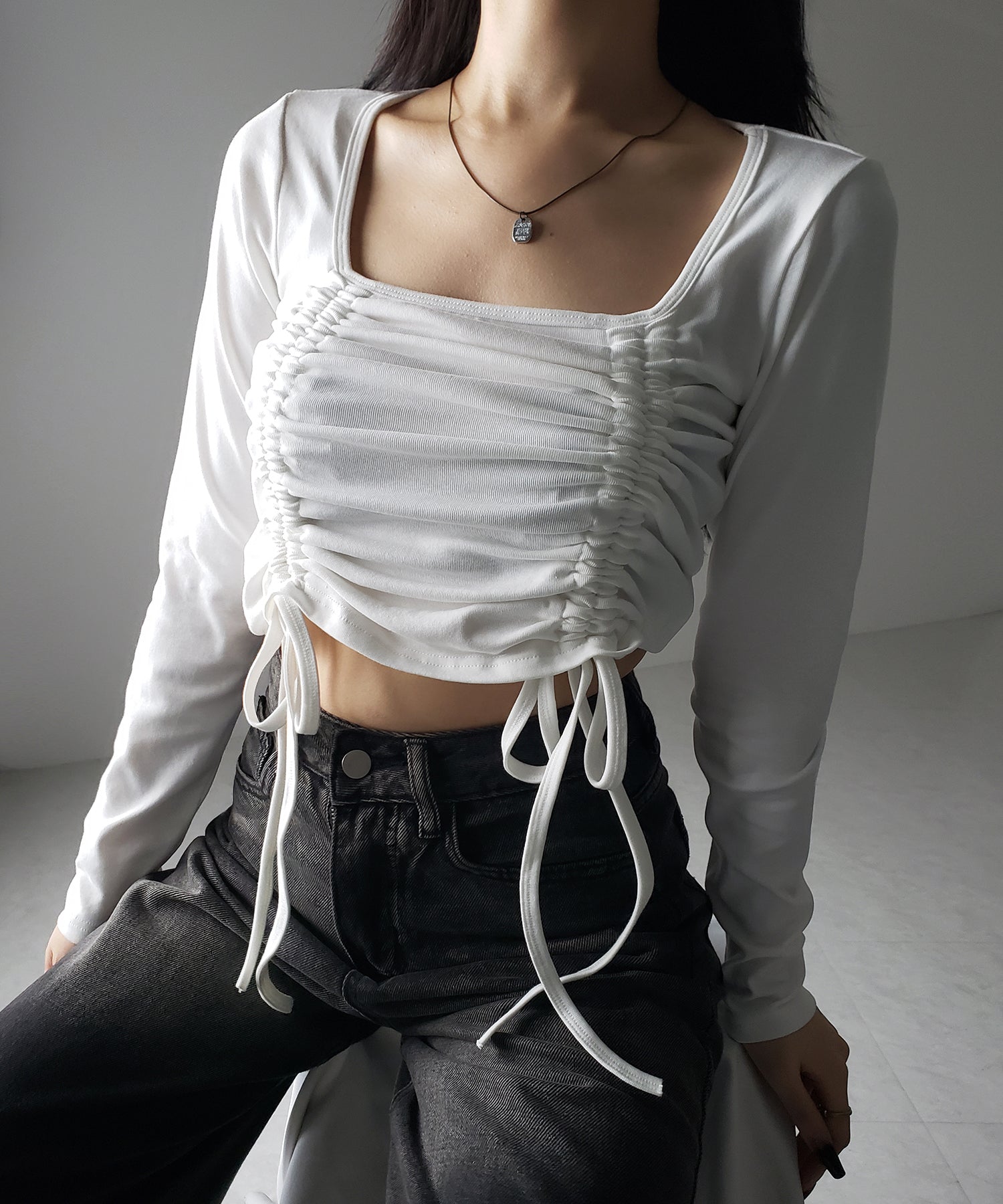 【 ３color 】 ダブルシャーリングリボンスクエアネックトップス ／ double shirring ribbon square neck tops