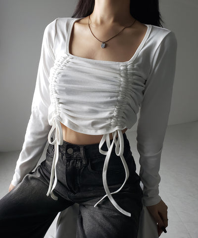 【 ３color 】 ダブルシャーリングリボンスクエアネックトップス ／ double shirring ribbon square neck tops