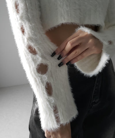 【 ３color 】カットアウトスリットスリーブショートシャギーニット ／ cutout slit sleeve short shaggy knit