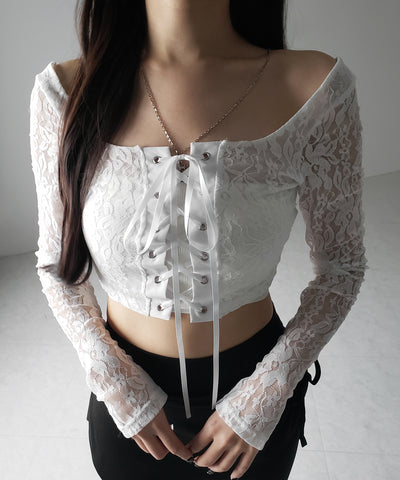 【 ２color 】レースアップコルセットリボンショートレーストップス ／ laceup corset ribbon short lace tops