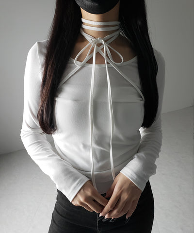【 ３color 】クロスストラップロングチョーカーリボントップス ／ cross strap long choker ribbon tops