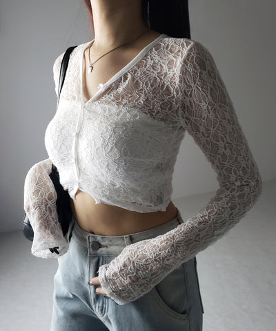 【 ２color 】フロントボタンショートレースカーディガン ／ front button short lace cardigan