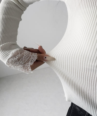 フロントリボンレース切替リブニットトップス ／ front ribbon lace switching ribbed knit tops