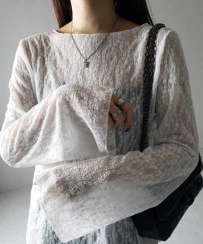 【 ２color 】ワイドスリーブオーバーシアーレーストップス ／ wide sleeve over sheer lace tops