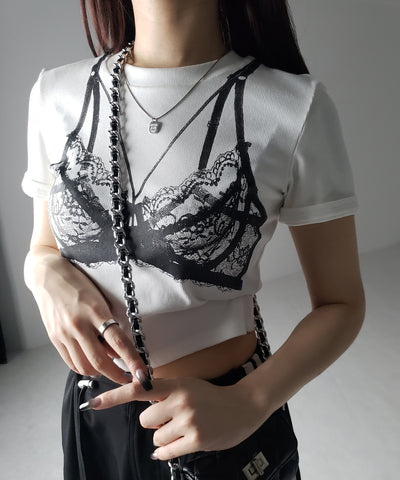 【 ３color 】レースランジェリー半袖クロップドＴ ／ lace lingerie short sleeve cropped T