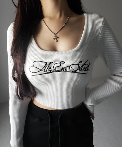 レタリングロゴ刺繍スクエアネックショートリブニットトップス ／ lettering logo embroidery square neck short rib knit tops