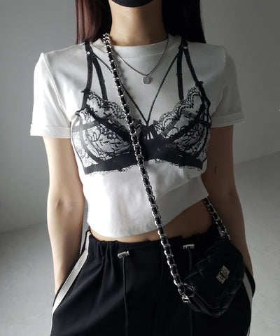 【 ３color 】レースランジェリー半袖クロップドＴ ／ lace lingerie short sleeve cropped T