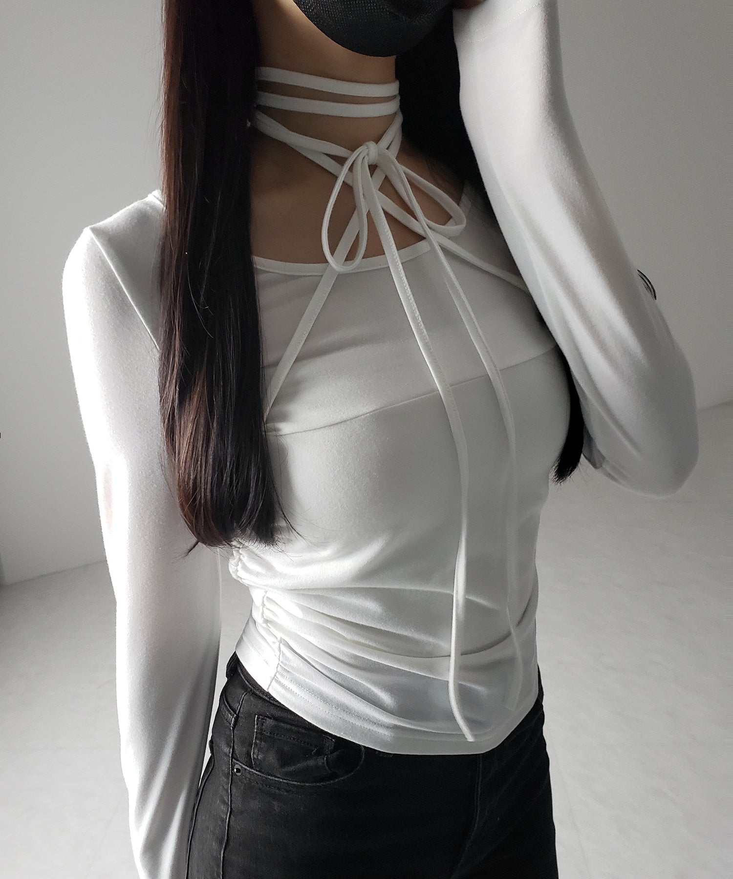 【 ３color 】クロスストラップロングチョーカーリボントップス ／ cross strap long choker ribbon tops