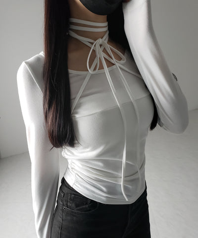 【 ３color 】クロスストラップロングチョーカーリボントップス ／ cross strap long choker ribbon tops