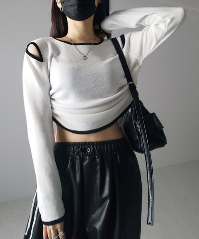【 ４color 】パイピングカットアウトサイドリボンニットトップス