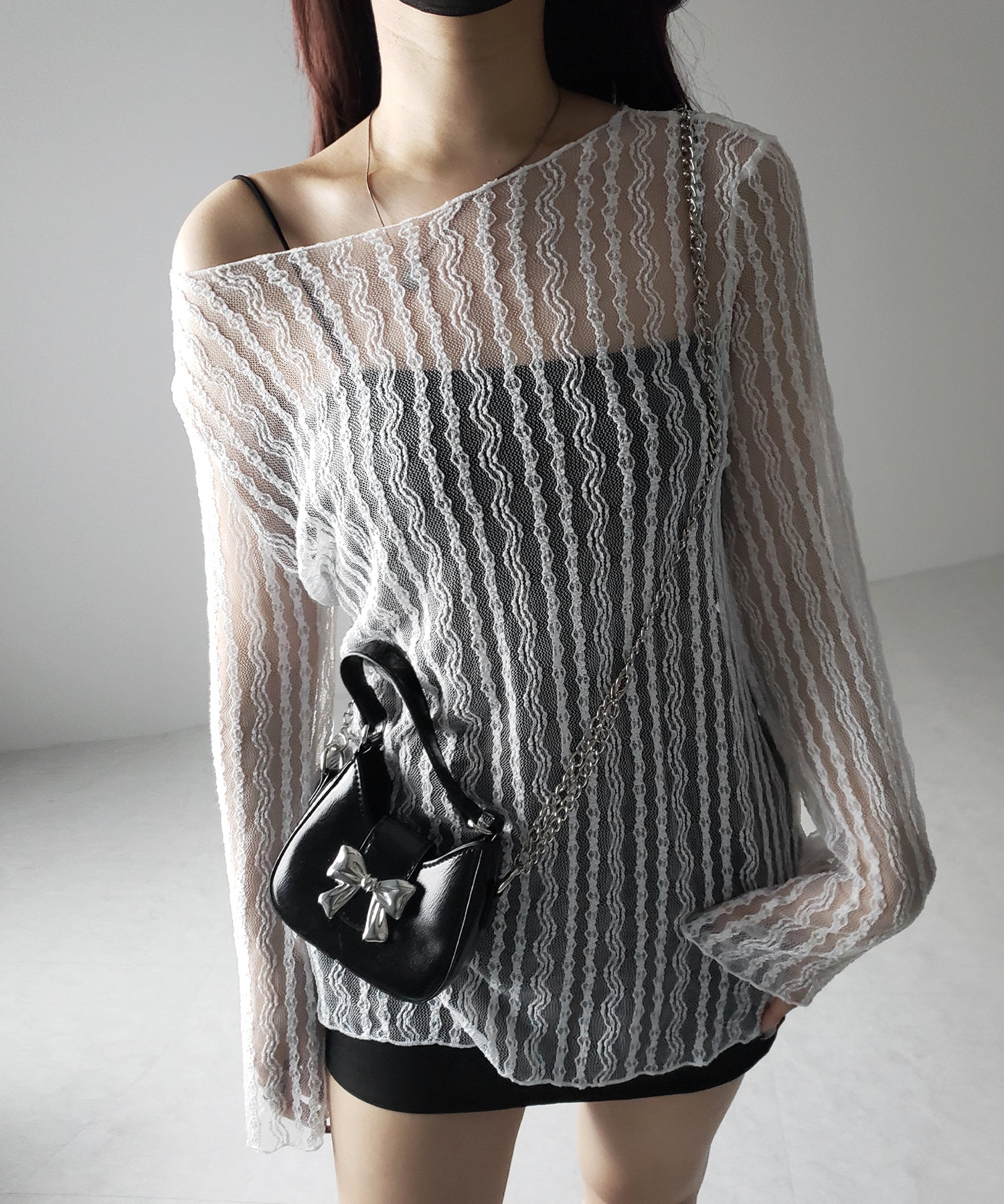 【 ２WAY 】ワンショルワイドスリーブルーズシアートップス ／ one shoulder wide sleeve loose sheer tops