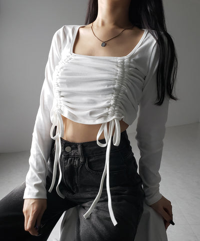 【 ３color 】 ダブルシャーリングリボンスクエアネックトップス ／ double shirring ribbon square neck tops