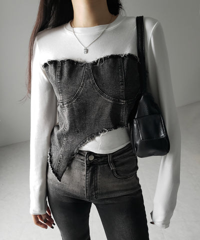 【 ２color 】ダメージデニムビスチェドッキングＴシャツ ／ damage denim bustier docking Tee