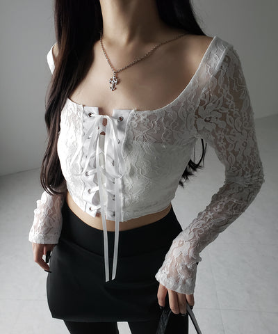 【 ２color 】レースアップコルセットリボンショートレーストップス ／ laceup corset ribbon short lace tops