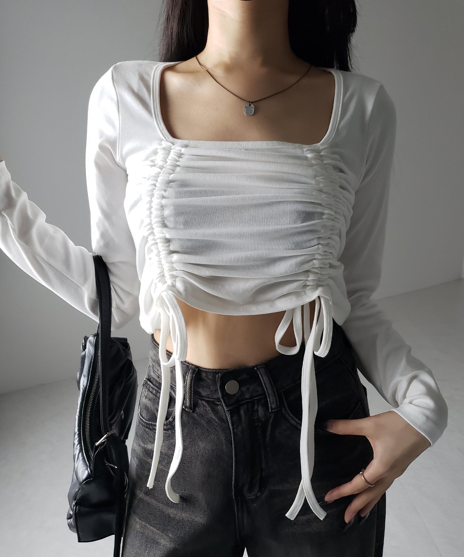 【 ３color 】 ダブルシャーリングリボンスクエアネックトップス ／ double shirring ribbon square neck tops