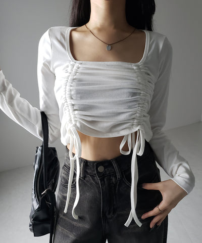 【 ３color 】 ダブルシャーリングリボンスクエアネックトップス ／ double shirring ribbon square neck tops