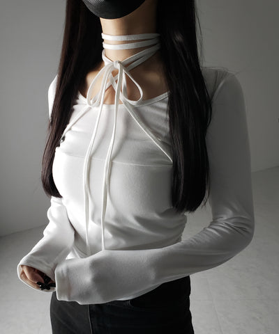 【 ３color 】クロスストラップロングチョーカーリボントップス ／ cross strap long choker ribbon tops