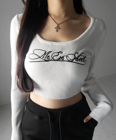 レタリングロゴ刺繍スクエアネックショートリブニットトップス ／ lettering logo embroidery square neck short rib knit tops