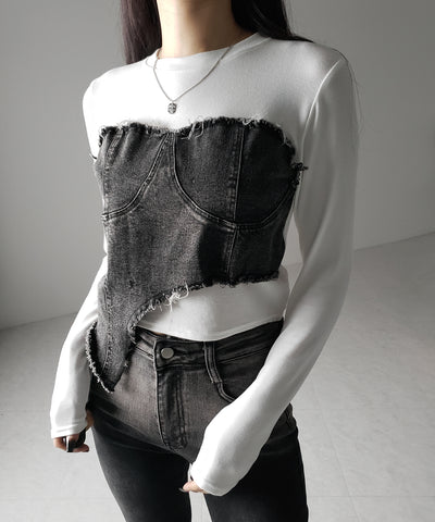 【 ２color 】ダメージデニムビスチェドッキングＴシャツ ／ damage denim bustier docking Tee