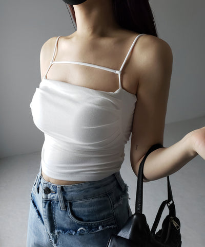 【 カップ付き／２WAY 】ラインストラップタックショートキャミソール ／ line strap tuck short camisole