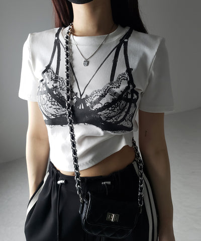 【 ３color 】レースランジェリー半袖クロップドＴ ／ lace lingerie short sleeve cropped T
