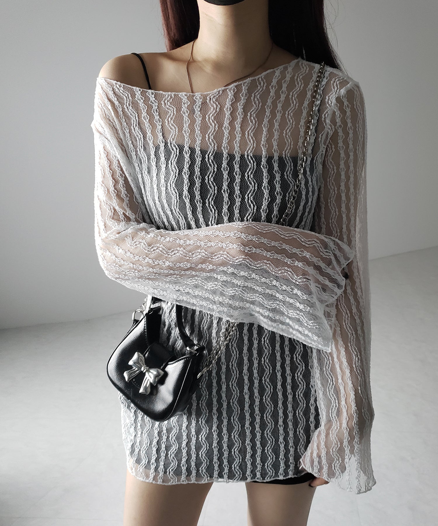 【 ２WAY 】ワンショルワイドスリーブルーズシアートップス ／ one shoulder wide sleeve loose sheer tops