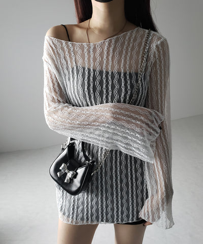 【 ２WAY 】ワンショルワイドスリーブルーズシアートップス ／ one shoulder wide sleeve loose sheer tops