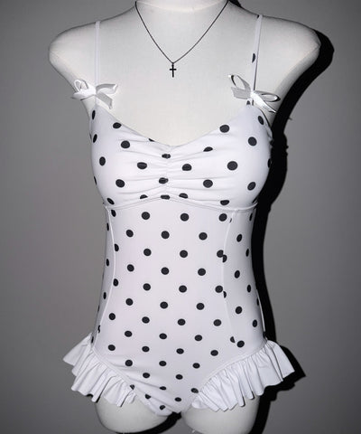 【 レディース水着 】ドットリボンフリルワンピース水着 ／ Dot ribbon frill onepiece swimwear