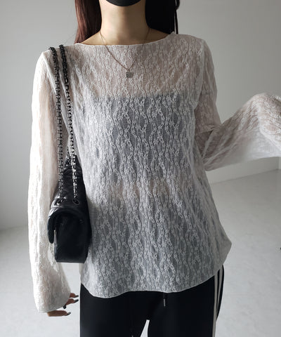 【 ２color 】ワイドスリーブオーバーシアーレーストップス ／ wide sleeve over sheer lace tops