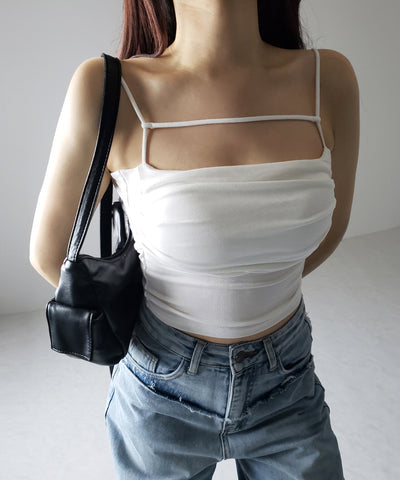 【 カップ付き／２WAY 】ラインストラップタックショートキャミソール ／ line strap tuck short camisole