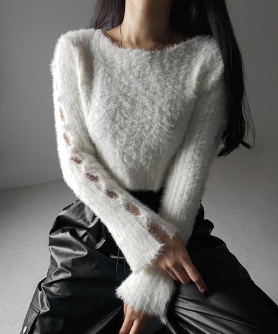 【 ３color 】カットアウトスリットスリーブショートシャギーニット ／ cutout slit sleeve short shaggy knit