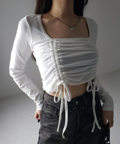 【 ３color 】 ダブルシャーリングリボンスクエアネックトップス ／ double shirring ribbon square neck tops