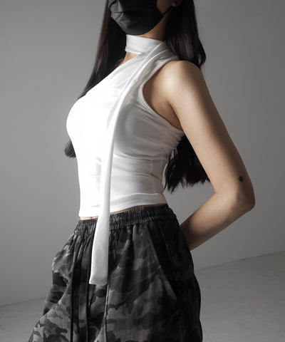 【 ３color ／ カップ付 】チョーカータイアシンメトリーワンショルキャミソール ／ choker tie asymmetry one-shoulder camisole