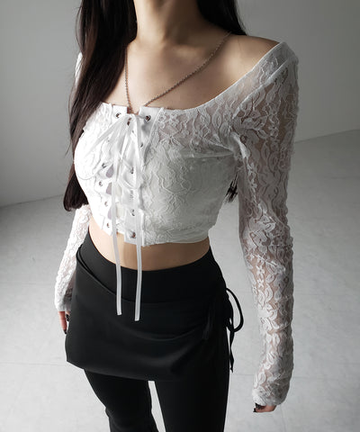 【 ２color 】レースアップコルセットリボンショートレーストップス ／ laceup corset ribbon short lace tops