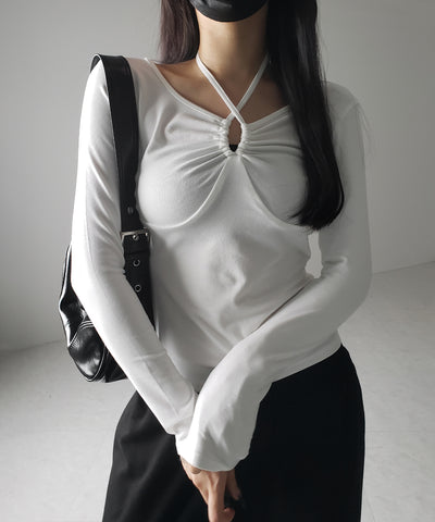 【 ３WAY 】クロスストラップリボンギャザーカットソートップス ／ cross strap ribbon gather cutsew tops