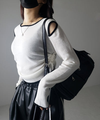 【 ４color 】パイピングカットアウトサイドリボンニットトップス