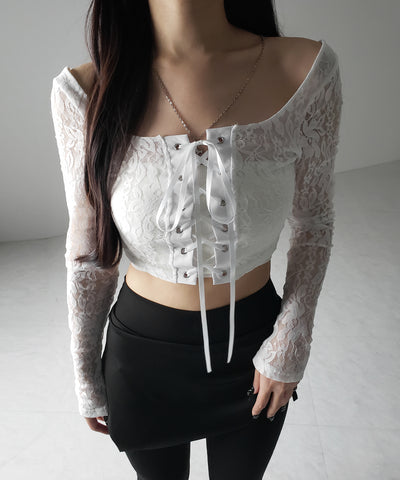 【 ２color 】レースアップコルセットリボンショートレーストップス ／ laceup corset ribbon short lace tops