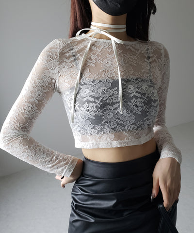 【 ２color 】ストラップリボンショートレーストップス ／ strap ribbon short lace tops